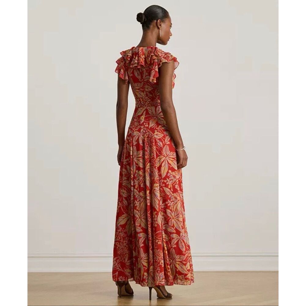 Lauren Ralph Lauren Printed Empire-Waist Shirring Long Dress Floral Red 2 - Picture 2 of 5